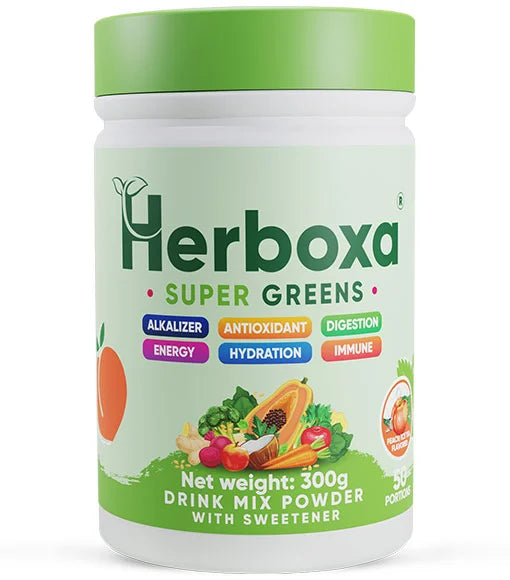 Herboxa Super Greens powder with peach flavor, supports hydration, immunity, energy, and digestion.